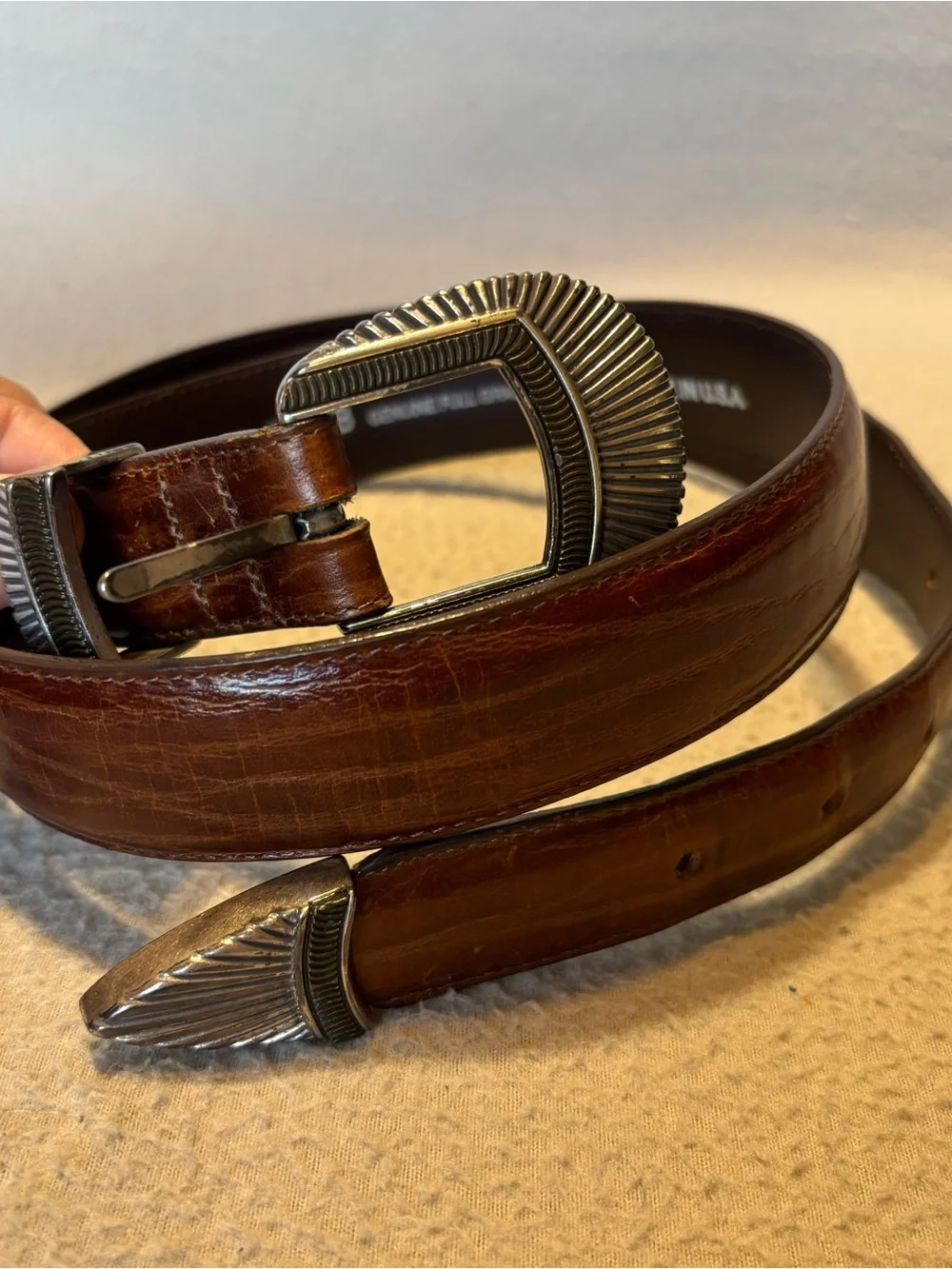 VTG 1993 Men's 36 Brown Genuine Full Grain Leather Belt Silver Buckle USA made